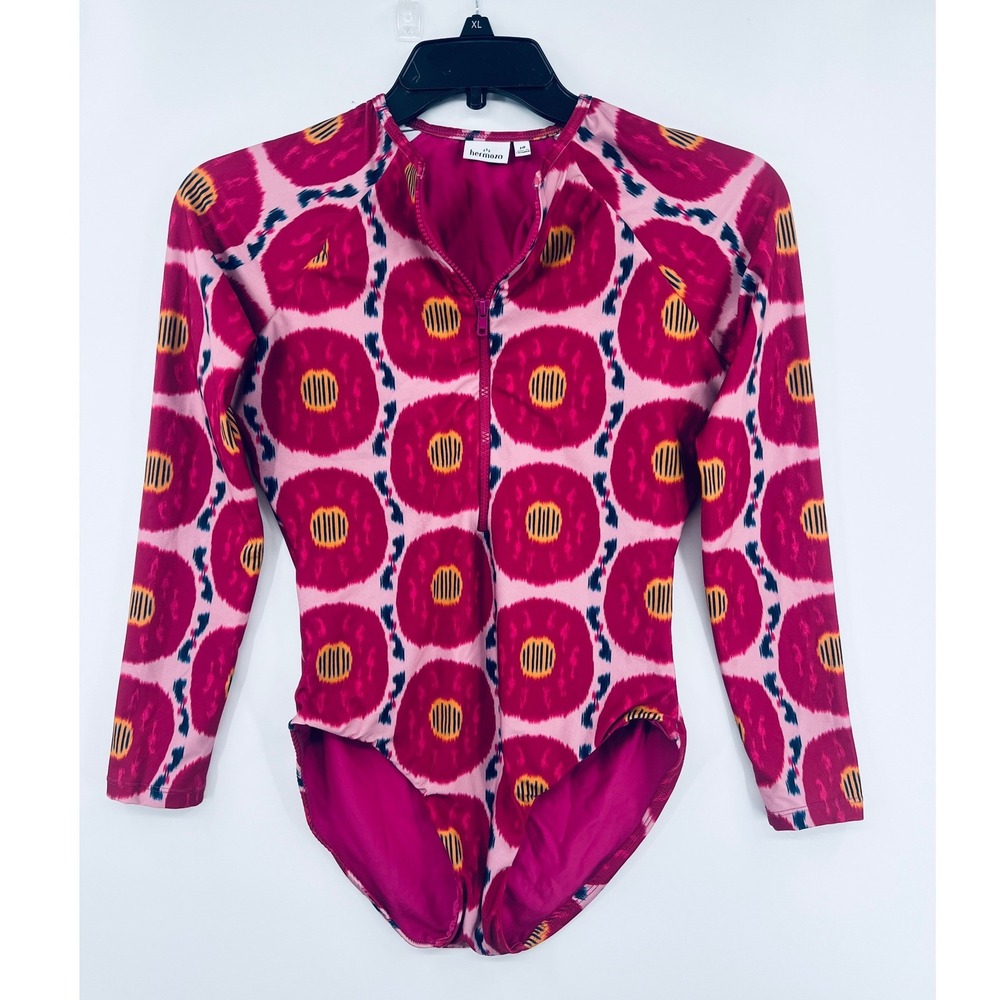 Hermoza Vivian Surf Long Sleeve Swimsuit Womens 10 Pink Sunrise Ikat Zip Front